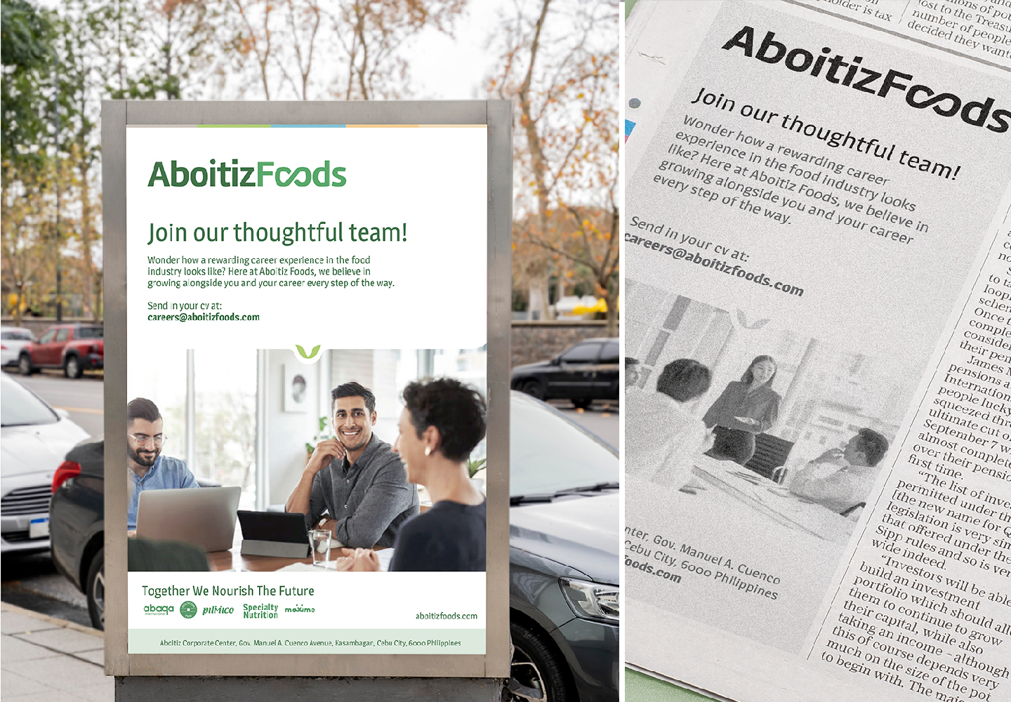 Food Group Branding, Aboitiz Foods recruitment poster in colour, black and white