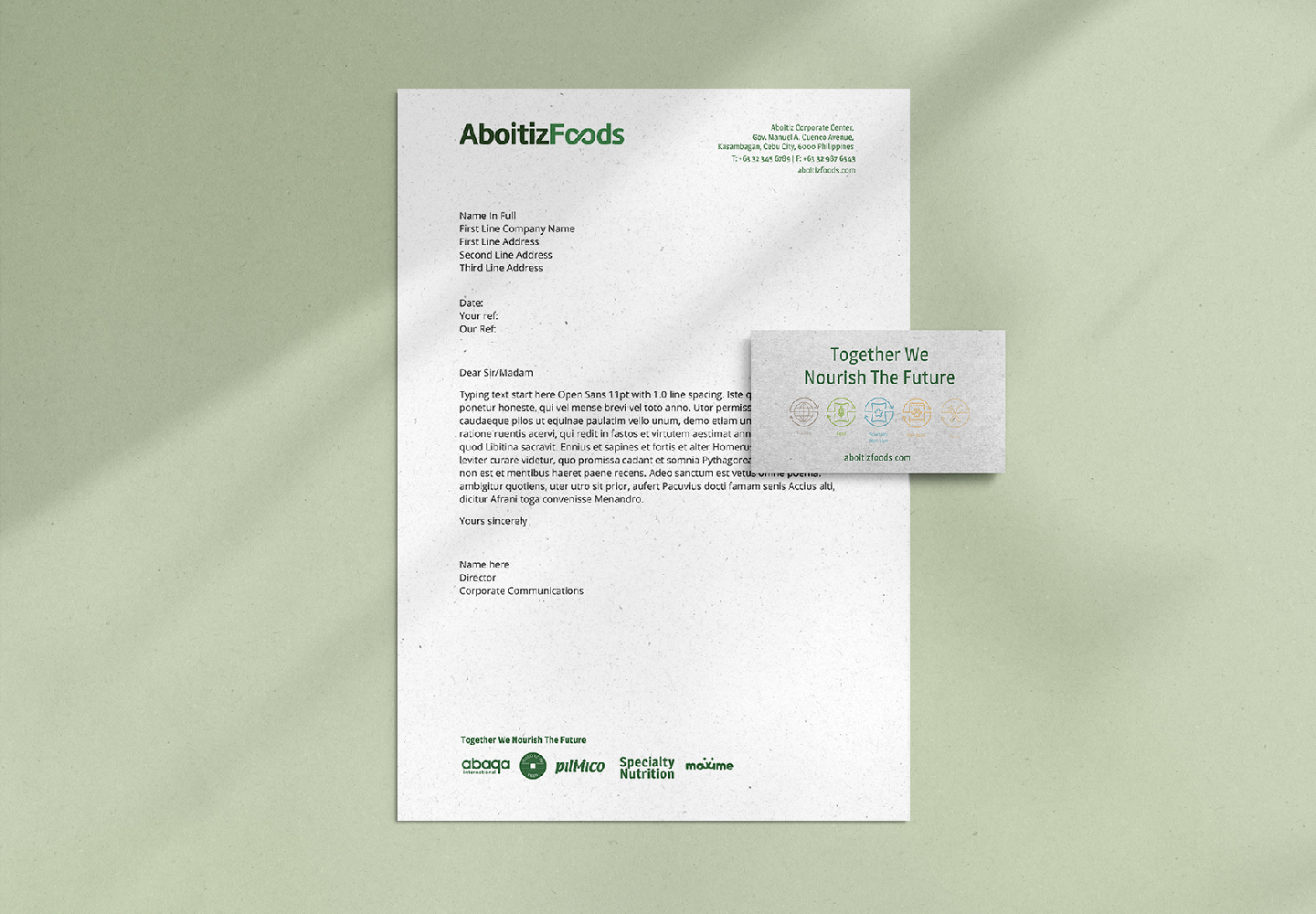 Agriculture & Commodities Branding, Sustainably feeding Asia’s growth from mill to meal, Letterhead and Namecard