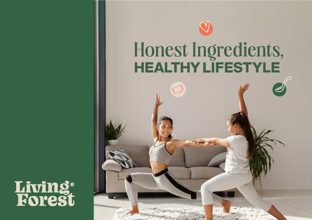 Feature image, showcasing style and visual system of Living Forest, honest ingredients, healthy lifestyle tagline